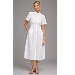 J.Crew Dress Womens Size XS Elsie White Cotton Poplin Smocked Shirt Pocket NWT